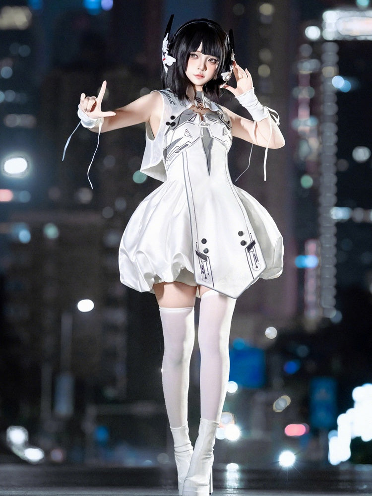 Cyberpunk White Bubble Dress and Cropped Vest Set - Xiong Dou Jiang