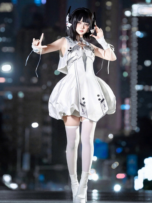 Cyberpunk Techwear Ensemble: White Bubble Dress & Banded Collar Cropped Vest - Xiong Dou Jiang