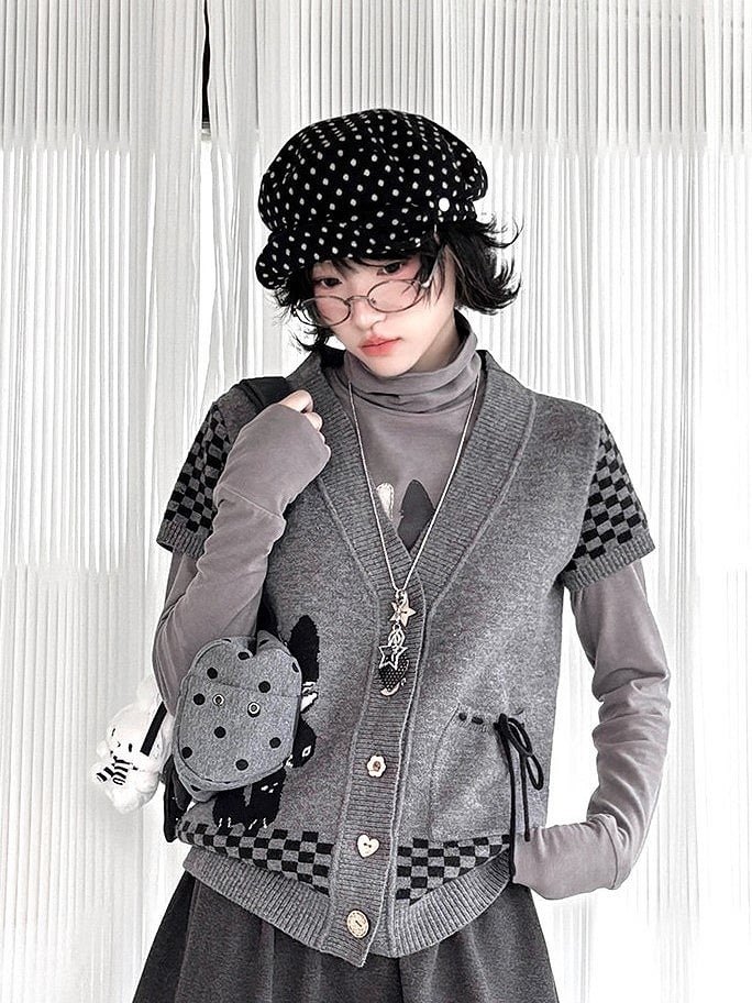 with Cardigan Cat Daily Checked Kawaii Dark Sleeve Pattern Motif Short Gray