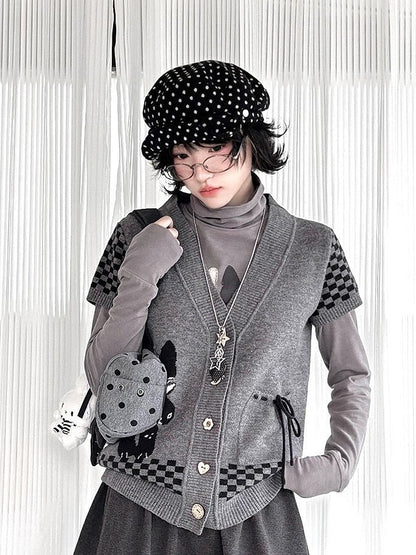 with Cardigan Cat Daily Checked Kawaii Dark Sleeve Pattern Motif Short Gray