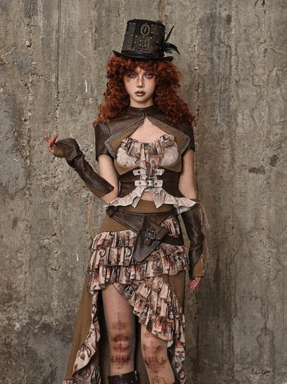 ブラウンのスチームパンクレザーバンドカラートップ