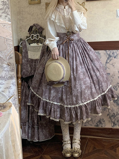Brown & White Rosette Print Boned High Waist Elegant Classic Lolita Skirt with Lace Trim