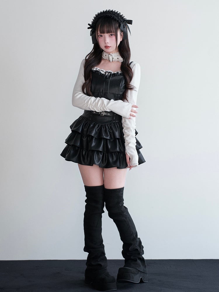 Dress Ruffled Kei Leather Multi-Layer Jirai Suspender Black