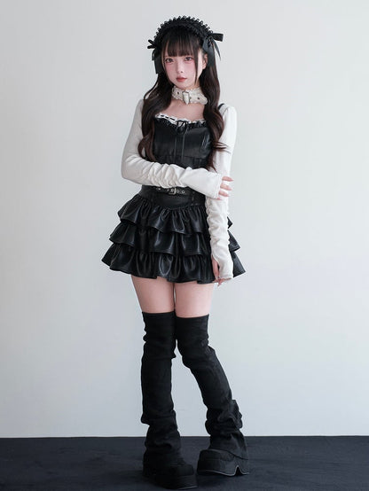 Dress Ruffled Kei Leather Multi-Layer Jirai Suspender Black