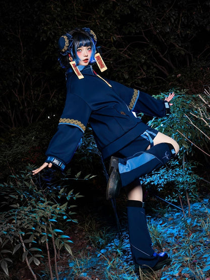 Zombie Techwear Little Set: Goth Navy Jacket Cheongsam Hooded