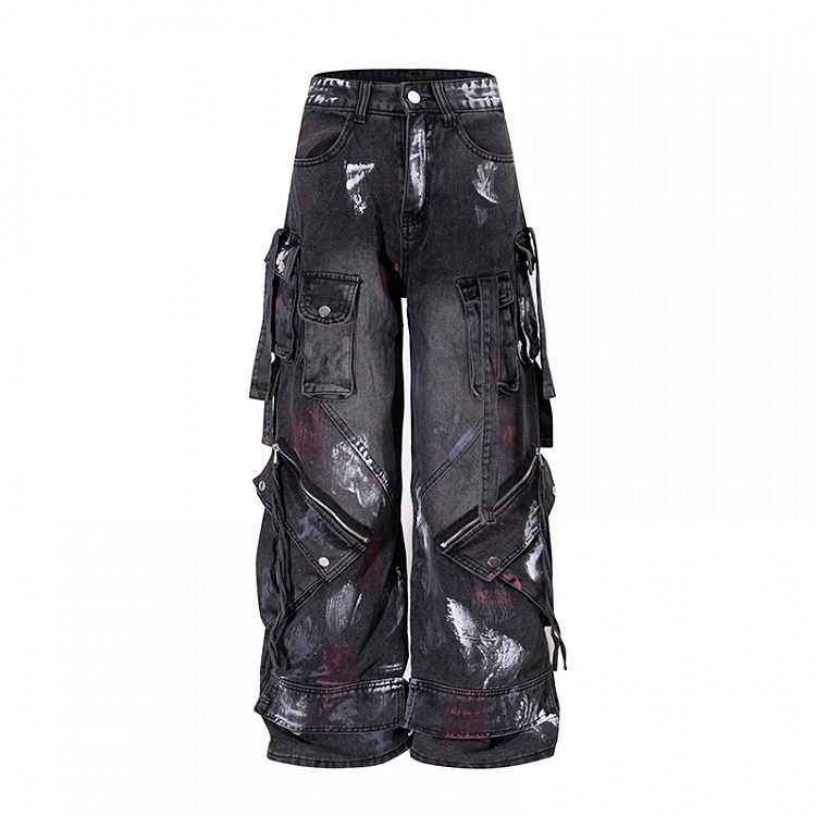 詳細ジーンズ ジッパー スプレーペイントプリント ウエスト ワイドレッグ カーゴ ブラック ロー