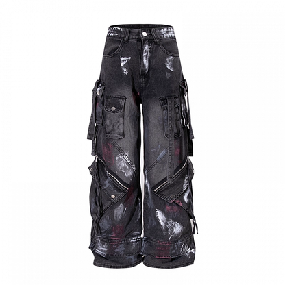 詳細ジーンズ ジッパー スプレーペイントプリント ウエスト ワイドレッグ カーゴ ブラック ロー