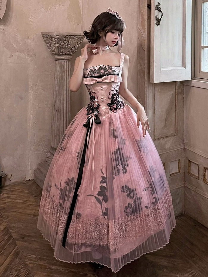 Floral Embroidered Cheongsam Overlay JSK Gown with Lace-Up Back, Champagne and Pink - Yimu Walnut