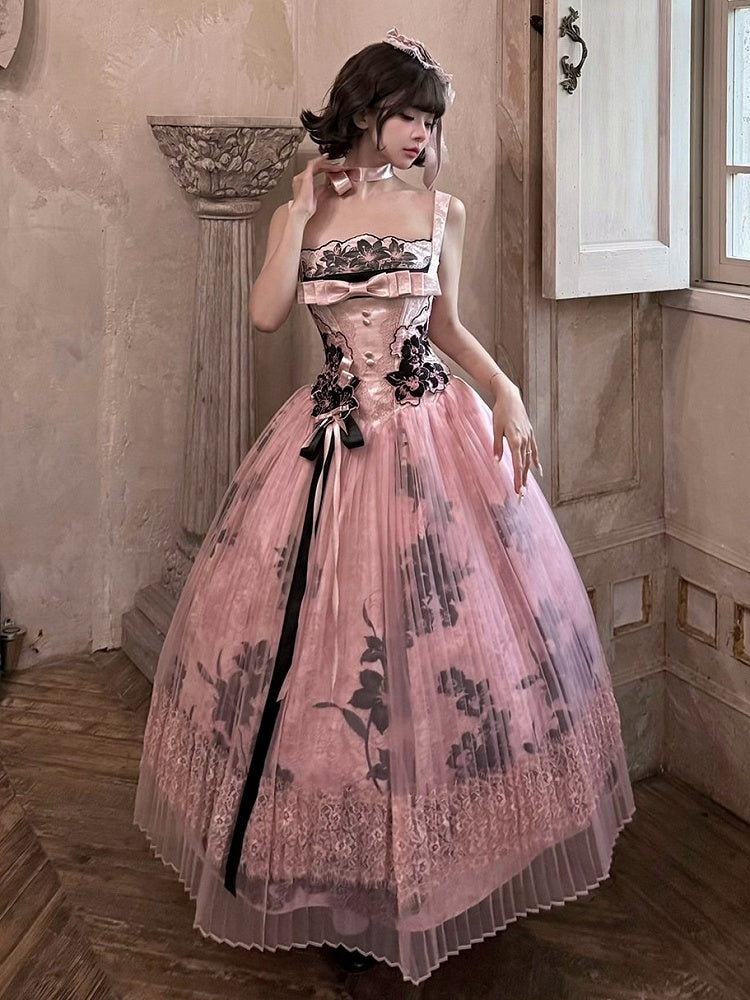 Floral Embroidered Cheongsam Overlay JSK Gown with Lace-Up Back, Champagne and Pink - Yimu Walnut