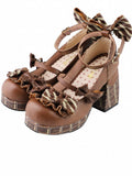 Gestreifte Blockdetails Janes High Bowknot Braun Schokolade Mary Plateau Heels Schnalle Licht Herz
