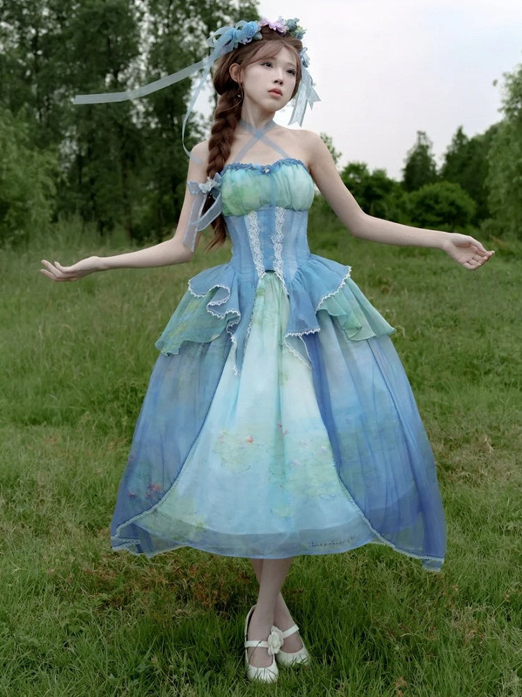 Gestufter Volant-Saum, Neckholder, Korsett-Top mit Stäbchen, Druck, Himmel, Malerei, Fee, Öl, Blau