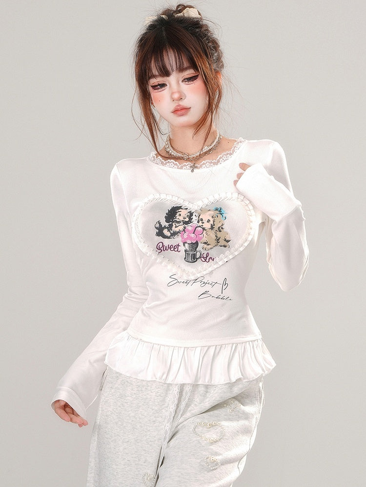 Grey/White Puppies Print Ruffle Hem Slim-fit T-shirt