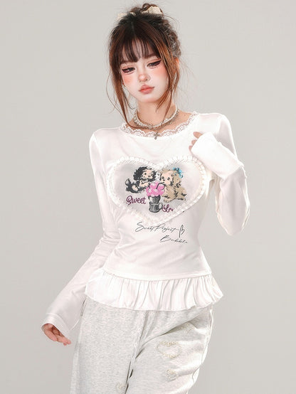 Grey/White Puppies Print Ruffle Hem Slim-fit T-shirt