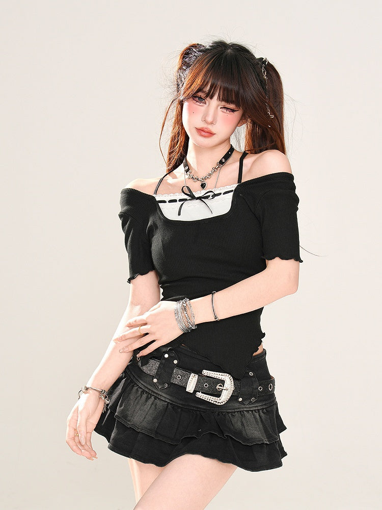 フェイクツーピースネックライン、カーブヘム、ブラックオフショルダーグラマラスTシャツ