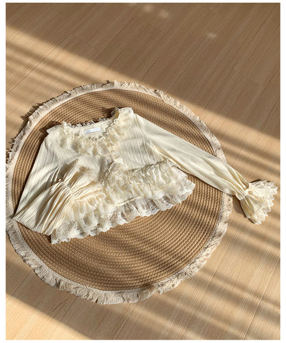 Cream Knit Top Spring/Autumn for Lolita Caidigan Trimmed Lace