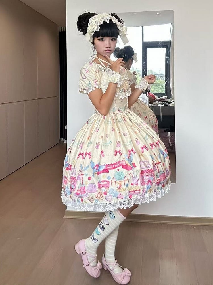 Yellow Halter Puff Sleeve Lolita OP Full Set with Dessert and Bird Print, Hairband, Baby Hat, Wrist Cuffs and Bow Hair Clip - Good Night Meow