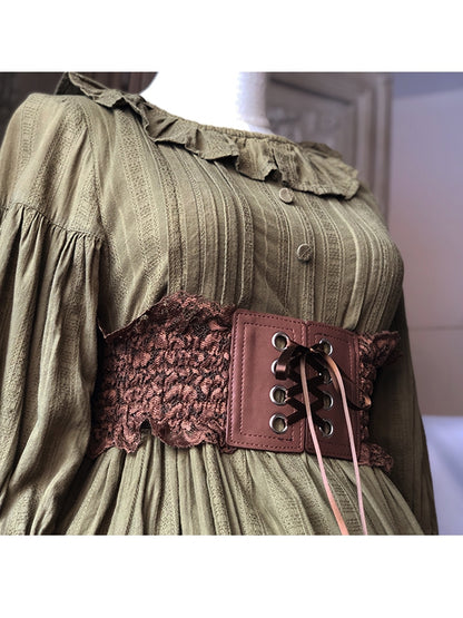 Lace-Up Corset Lace-Trimmed Front White/Coffee Belt Lolita with