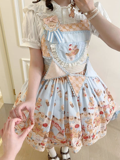 Blaues süßes Teddybär- und Dessert-Lolita-Overallkleid