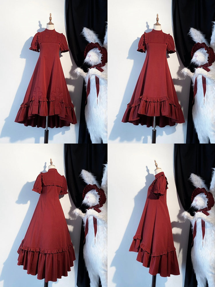 Red Gothic Lolita High-Low Ruffled Dress with Cross Patches - Blossom Herald
