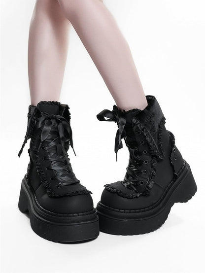Ruffle Chunky Black Gothic Accents Dual Platform Closure Boots with