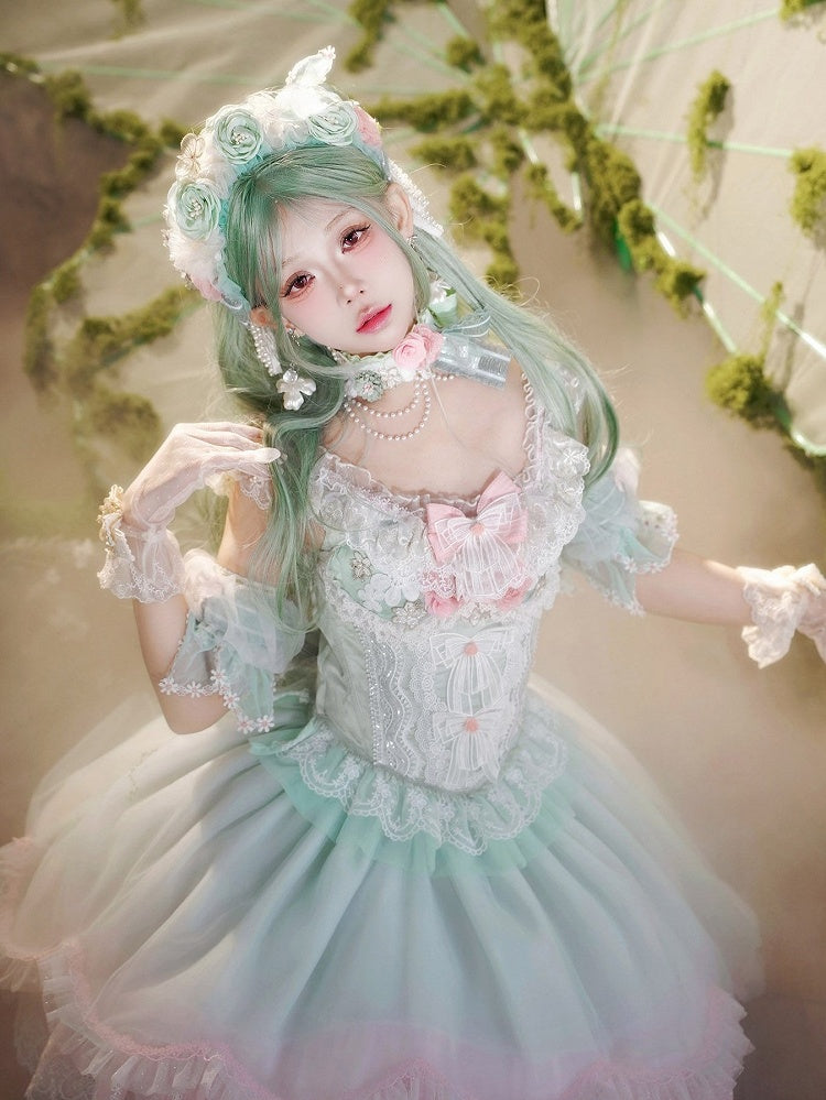 Set Green KC Sleeves Choker Lolita Full Skirt Bow Corset Top Detachable Decorated and Sweet Lace +