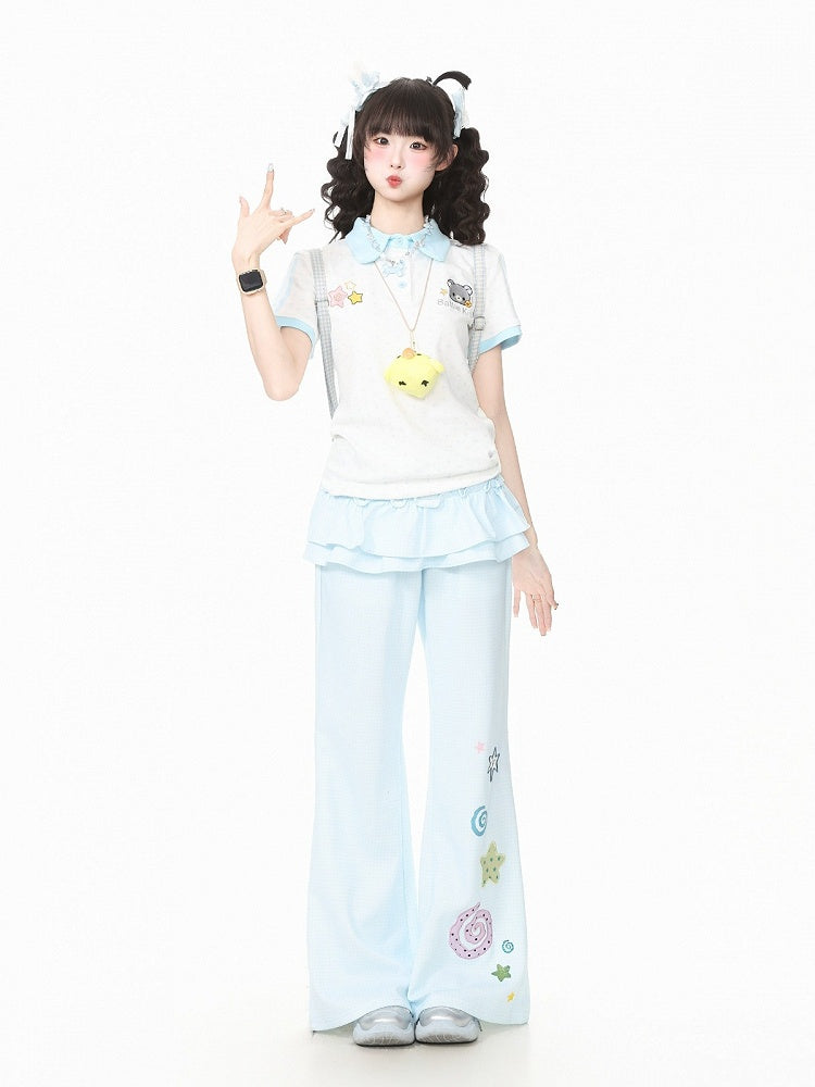 White Polka-Dot Tee with Bear Motif & Chick Charm - Languid Park