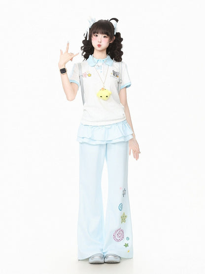 White Polka-Dot Tee with Bear Motif & Chick Charm - Languid Park