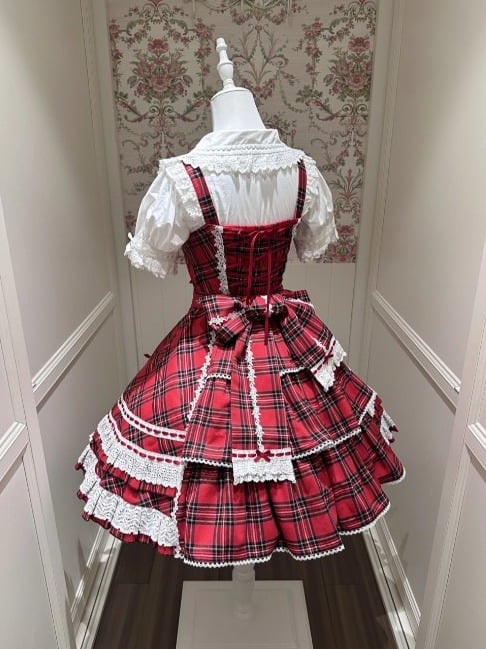 Red-White Plaid Cotton JSK Dress with Ribbon Accent