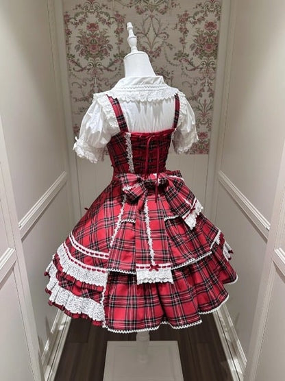 Red-White Plaid Cotton JSK Dress with Ribbon Accent