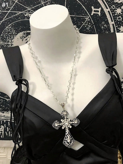 Gothic White Beaded Necklace with Cross - Boobi Shop