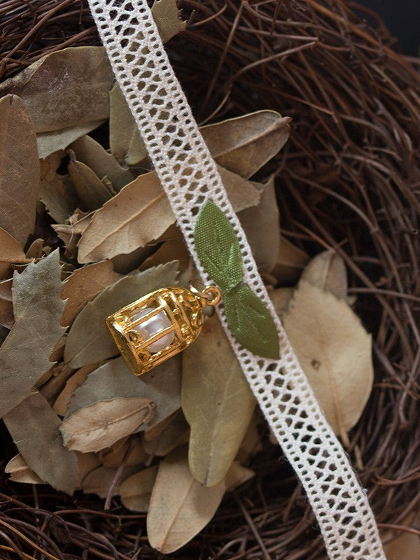 Forest Style Lace Choker with Golden Birdcage Pendant