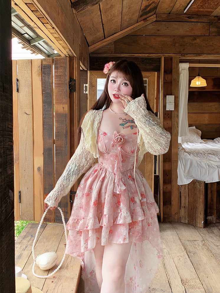 Rock High-Low-Rosettendruck Camisole Rosa Rüschen Übergröße Baskentaille Kaskadenkleid