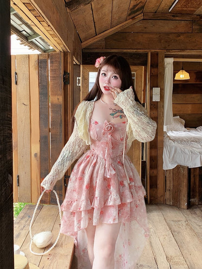 Rock High-Low-Rosettendruck Camisole Rosa Rüschen Übergröße Baskentaille Kaskadenkleid