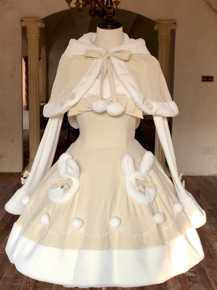 Gelbes Lolita-Kleid mit süßem Winterhasen-Motiv und Plüsch-Ausschnitt und -Saum