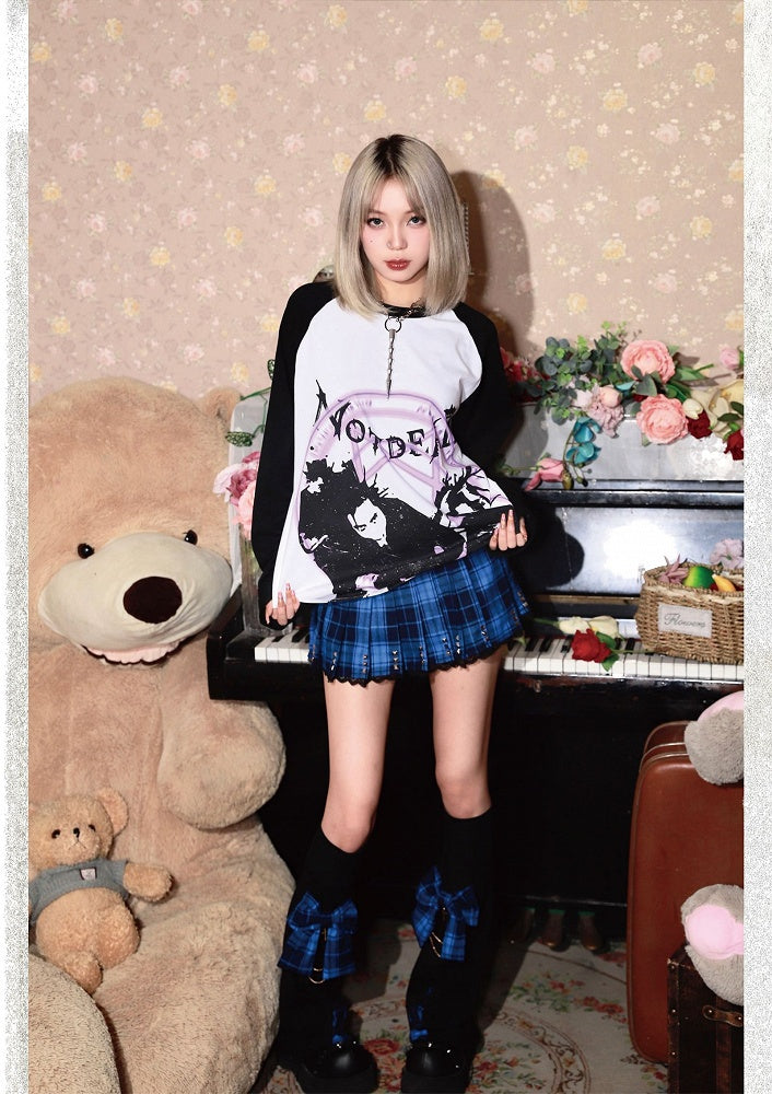 Punk Navy Blue Plaid Studs Detail Lace Trim Y2K Mini Pleated Skirt