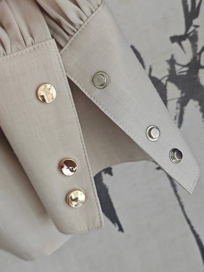 Balloon Blouse Beige Sleeves Snap Style Chinese with Fastener