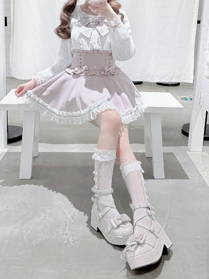Pink and White Landmine Lace Peter Pan Collar Long Sleeve Blouse with Bow Tie - shirohato