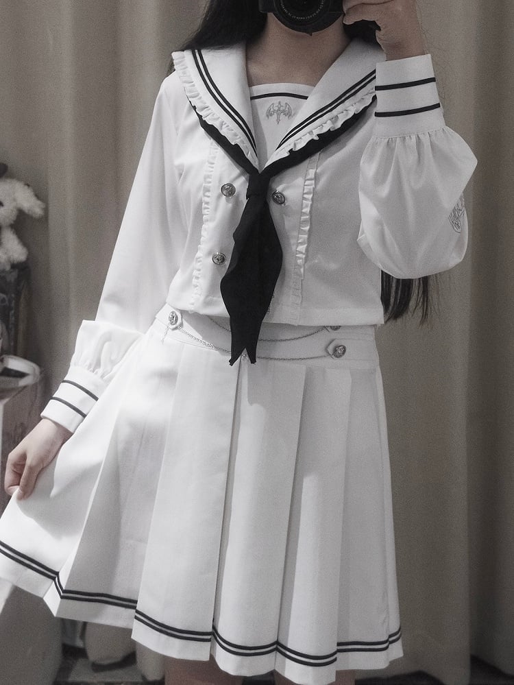 Sailor Set- Sleeves Uniform White Navycore JK Embroidered Collar Top Pleated Long Skirt +
