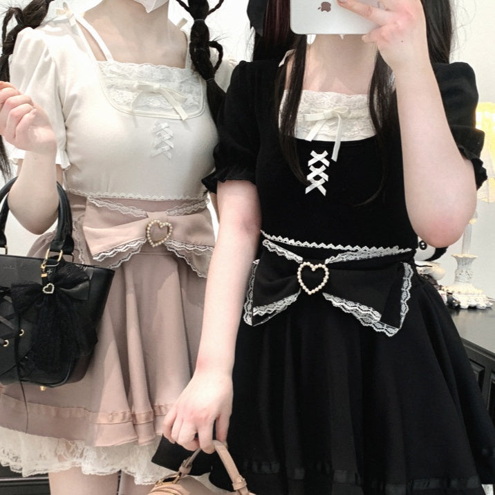 Puff Sleeves Blouse Details Pink/White/Black Lace Trim Jirai Kei Bowknot