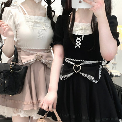 Puff Sleeves Blouse Details Pink/White/Black Lace Trim Jirai Kei Bowknot