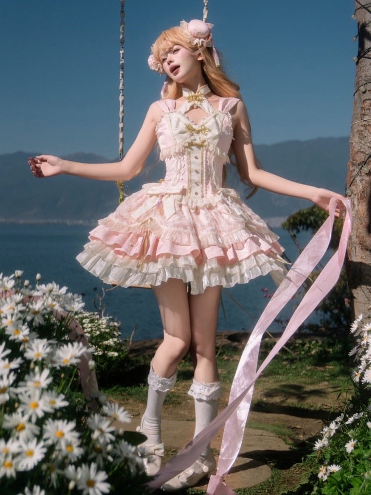 Sakura Pink Corset Waist Qi Lolita Dress with Big Bow on Waist
