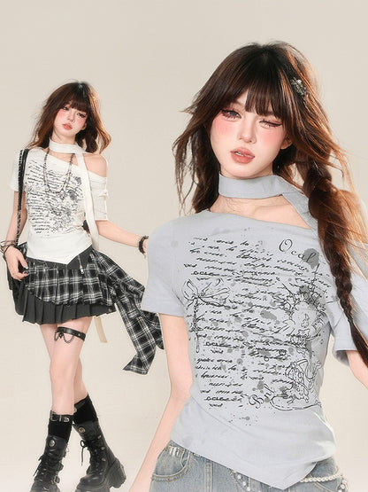 with Graphic T-Shirt White/Blue Asymmetrical Neckline Curved Scarf Free Glamorous Hem