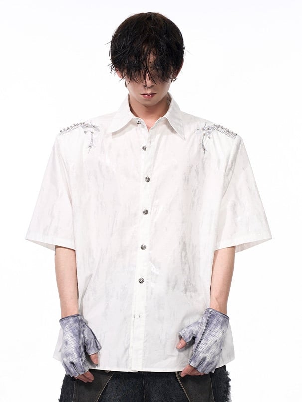 Shirt Detail Short-sleeved with Embroidery Unisex Snake White Bone Stud