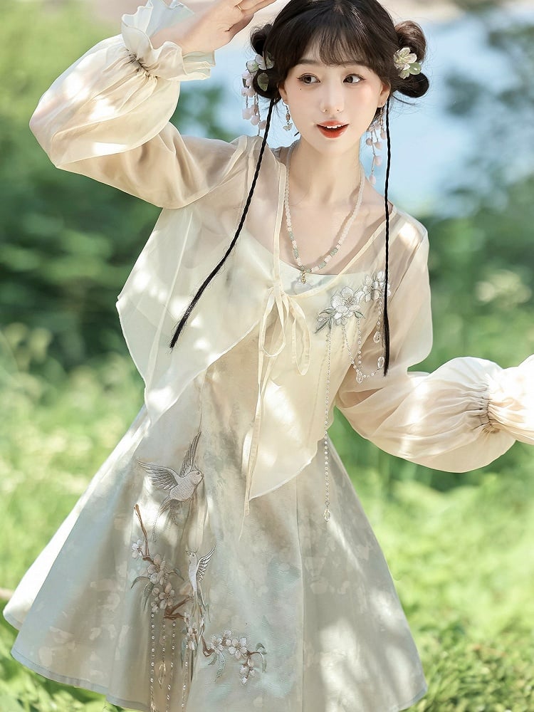 Sheer Top Set with Light Green Sleeveless Dress, Floral and Bird Embroidery, Modern Chinese Style - Han Ru Chu Hanfu &amp; Han-Element Studi