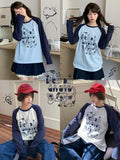 Top White/Blue Colorblock Design Adorable Puppy Print Loose