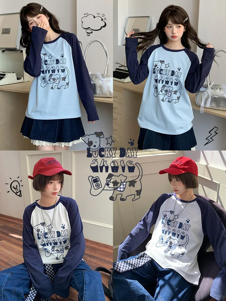 トップス ホワイト/ブルー カラーブロックデザイン 愛らしい子犬プリント ルーズ