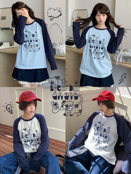 トップス ホワイト/ブルー カラーブロックデザイン 愛らしい子犬プリント ルーズ