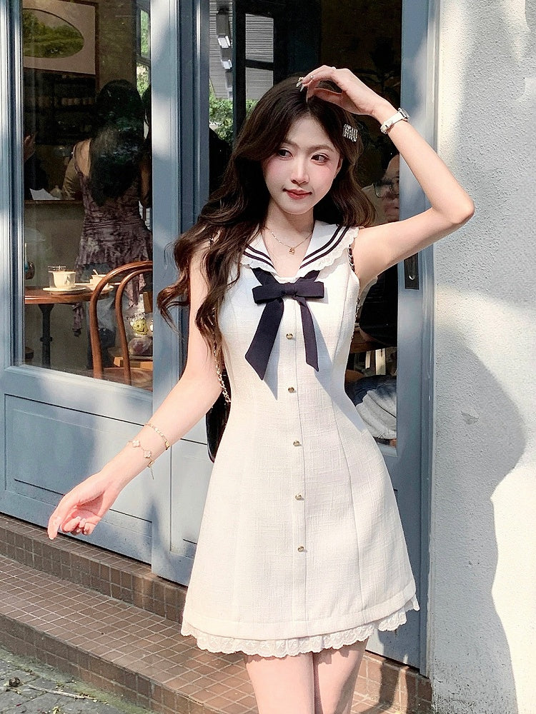 Beige Blue Sailor Collar Lace Trim Dress - Qchiwawameme