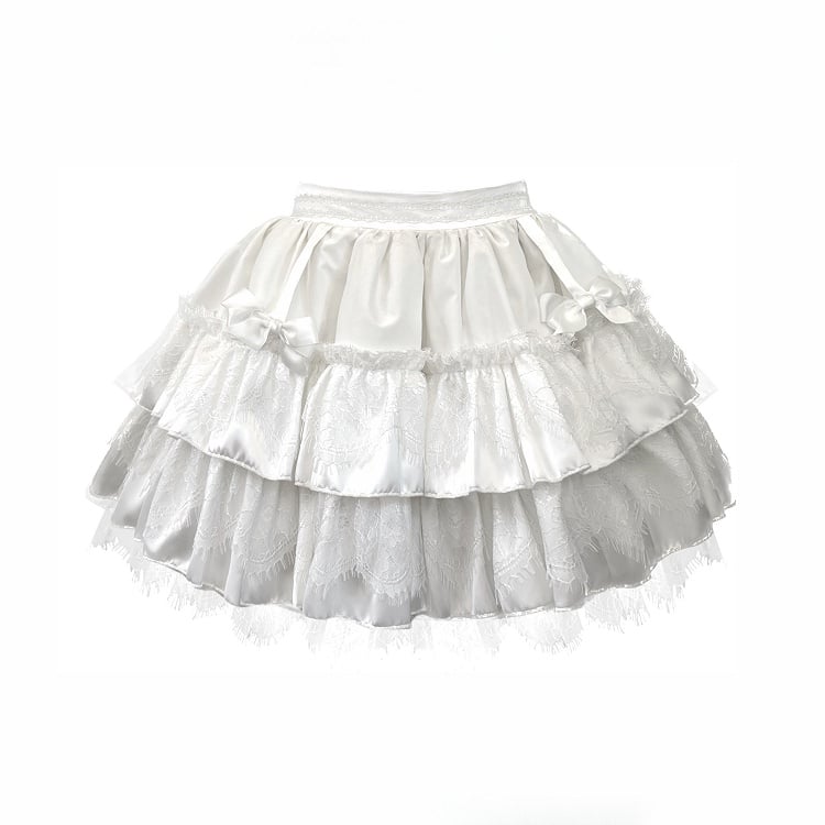 Bow Layered Lolita with Gothic Skirt Embellishments White Lace