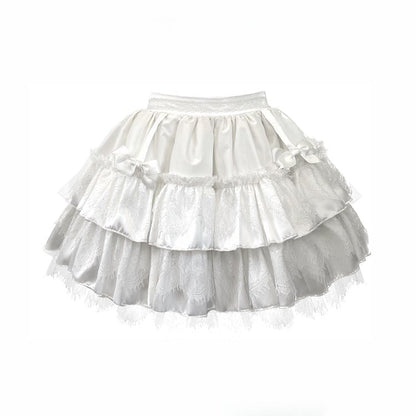 Bow Layered Lolita with Gothic Skirt Embellishments White Lace